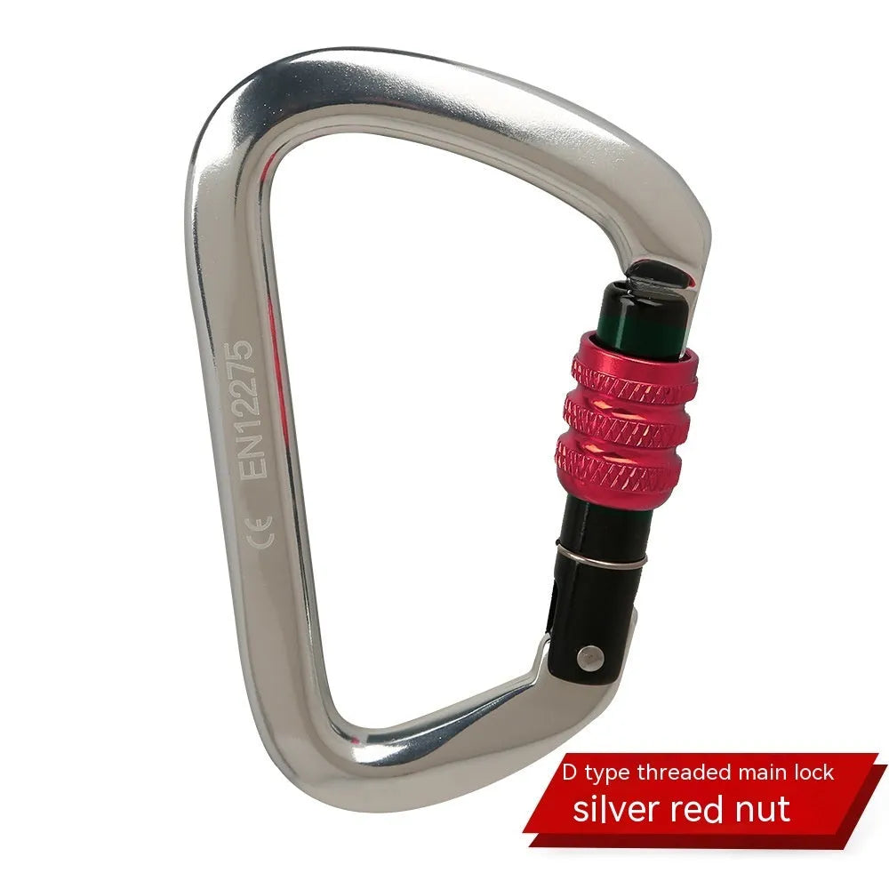 D-type metal climbing safety lock with a choice of automatic or threaded gate, shown in multiple colours.