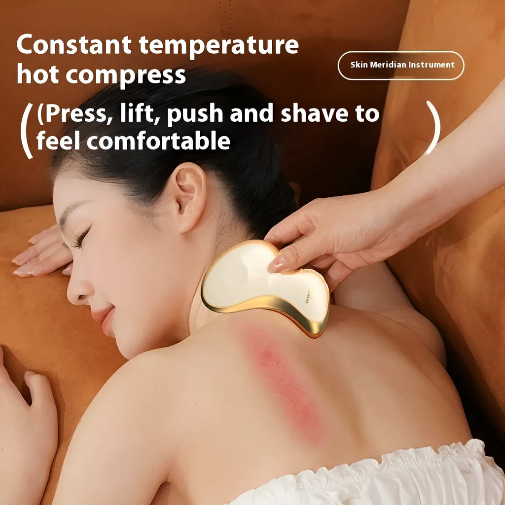 Golden yellow electric scrapping plate with USB charging port and two massage heads.