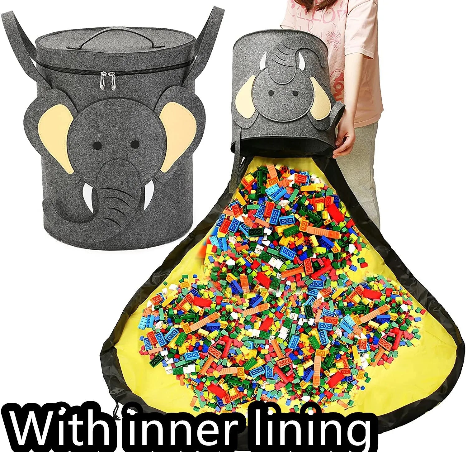 Green felt cube storage bag with pull rope laid flat as play mat for toy organisation