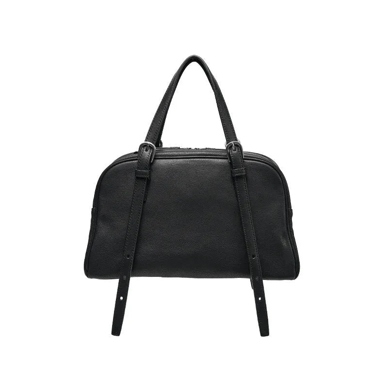 Women's retro genuine leather shoulder bag in horizontal square shape with double straps
