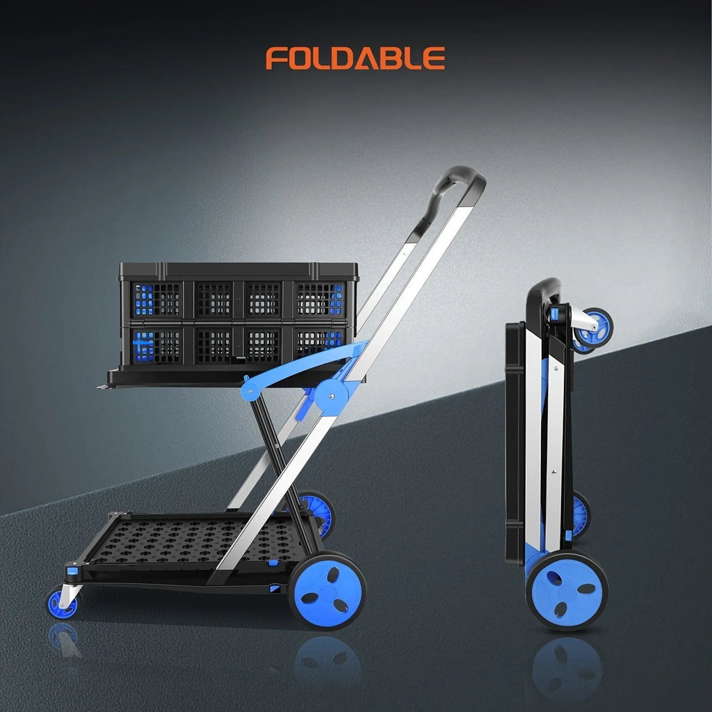 Foldable plastic shopping cart with two-basket design in blue colour variant