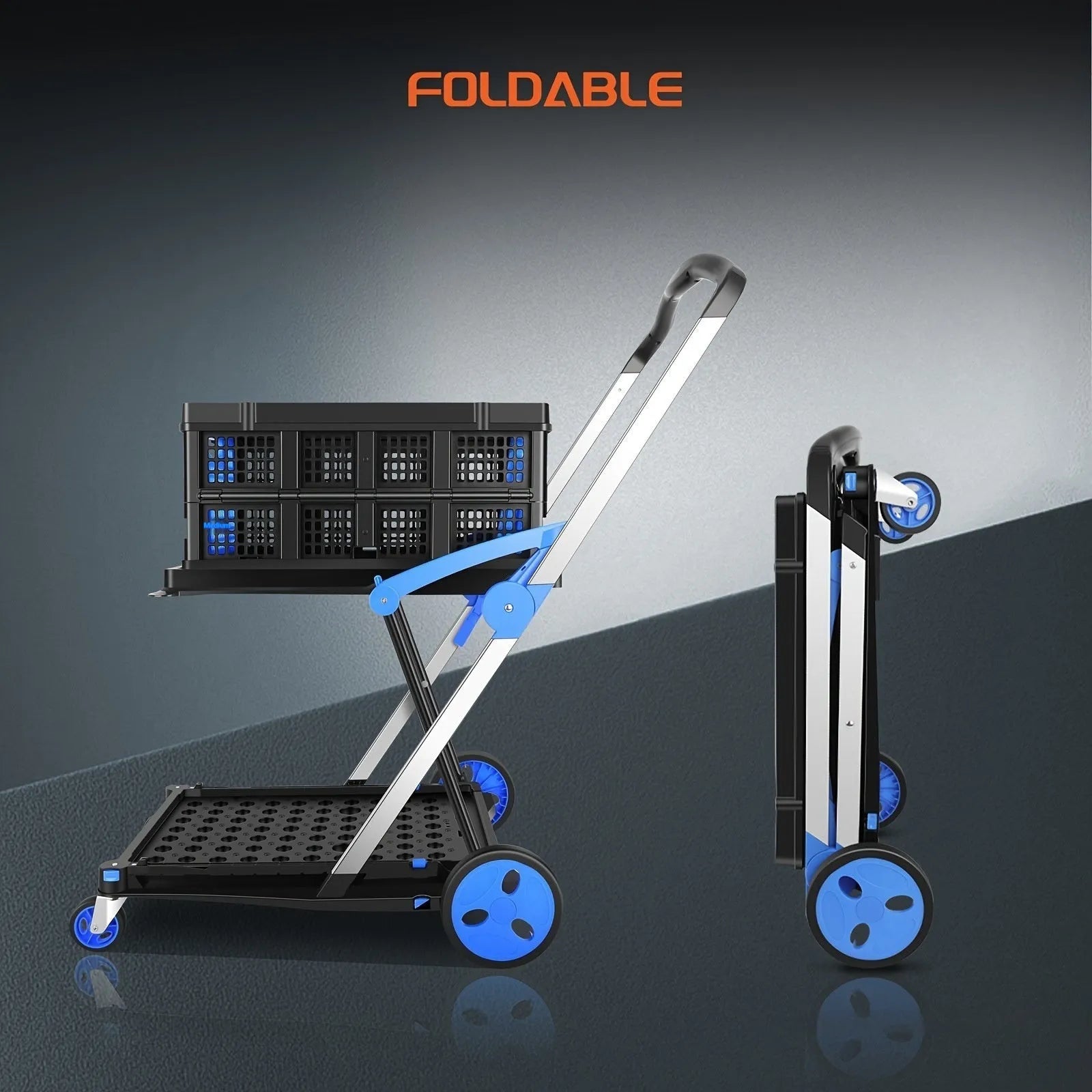 Foldable plastic shopping cart with two-basket design in blue colour variant