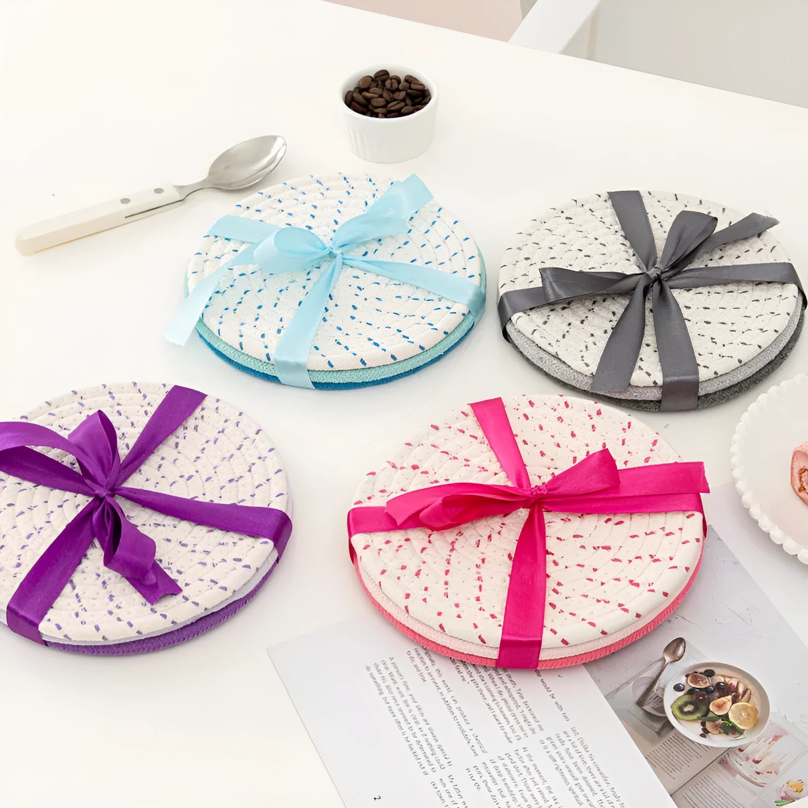 Three round cotton cord coasters in modern simplicity style with 18cm diameter