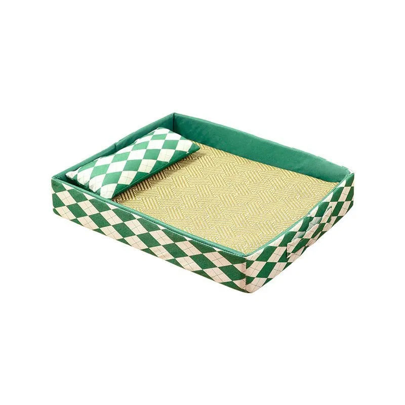 Natural rattan cat litter mat with anti-slip base, shown in blue, serving as a pet bed