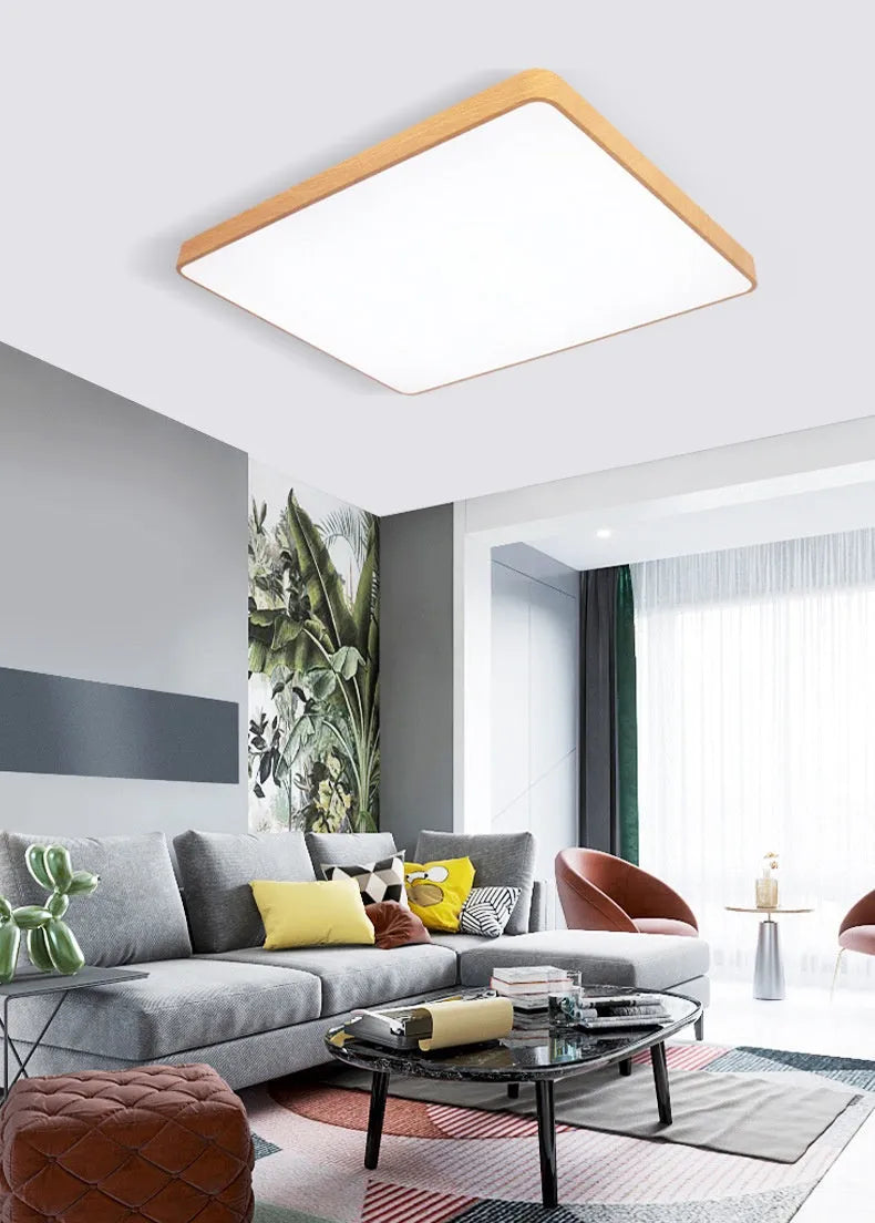 Nordic modern iron LED ceiling light with wood grain finish in square design