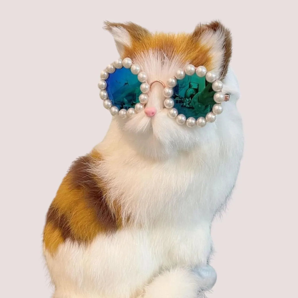 Pearl-rimmed round sunglasses on a cat and dog for costume dress up