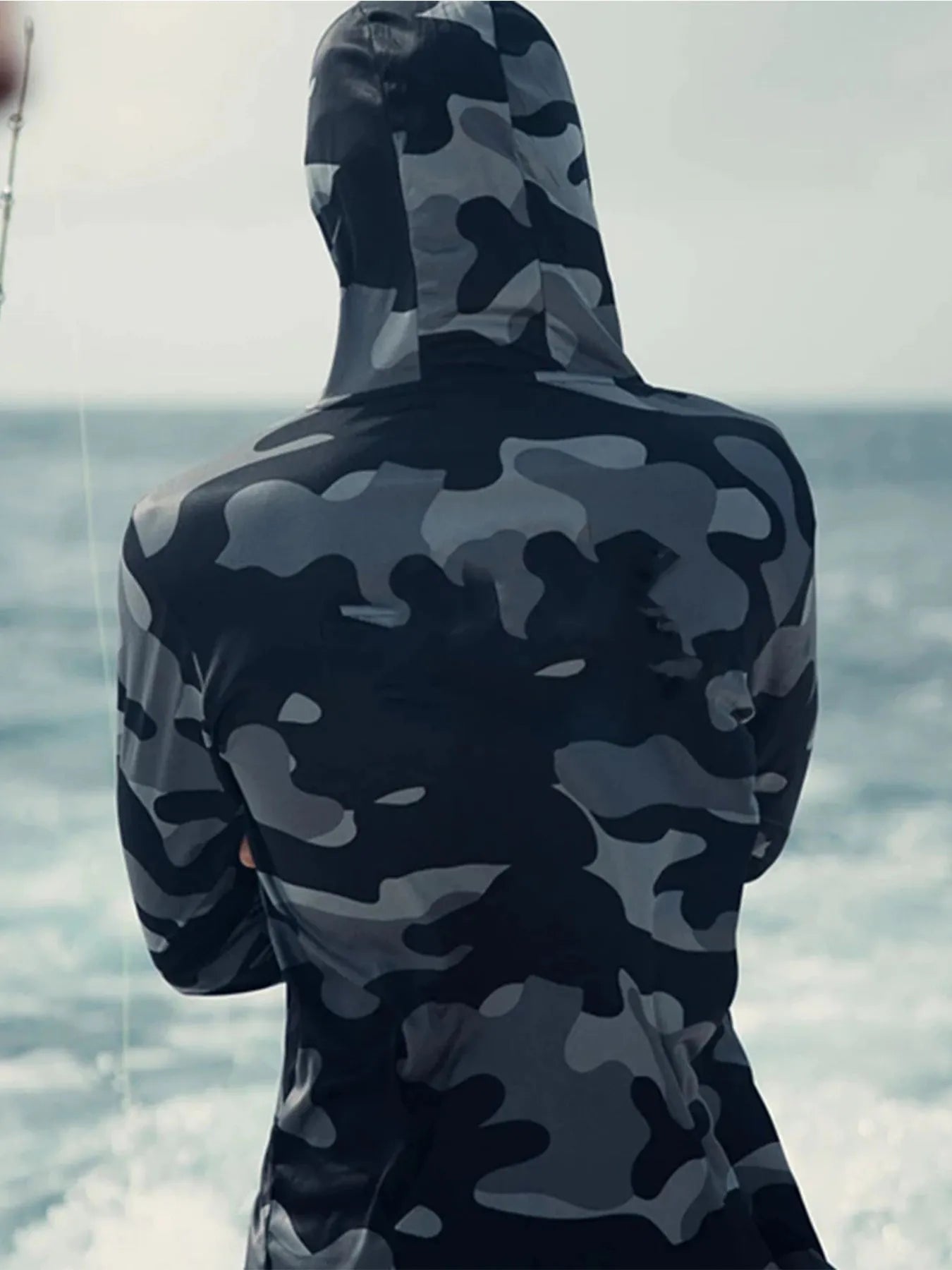 Men's grey long sleeve fishing hoodie with mesh side panels and crew neck.