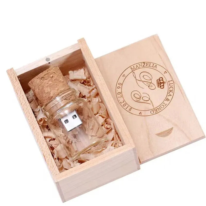 Transparent acrylic drift bottle USB flash drive with wooden cork stopper showing interior USB component
