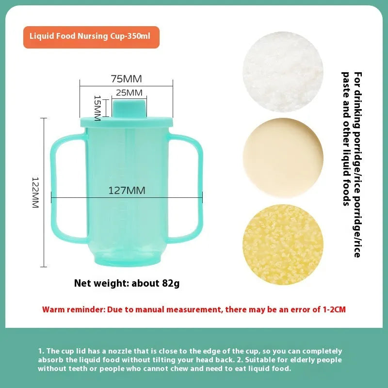 Adult anti-choke care cup with slanted spout, handle and lid in PP material
