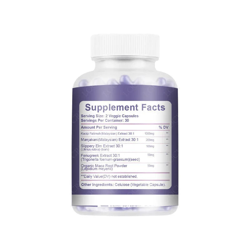 Bottle of 60 vaginal capsules with plant extract formulation for women's reproductive health
