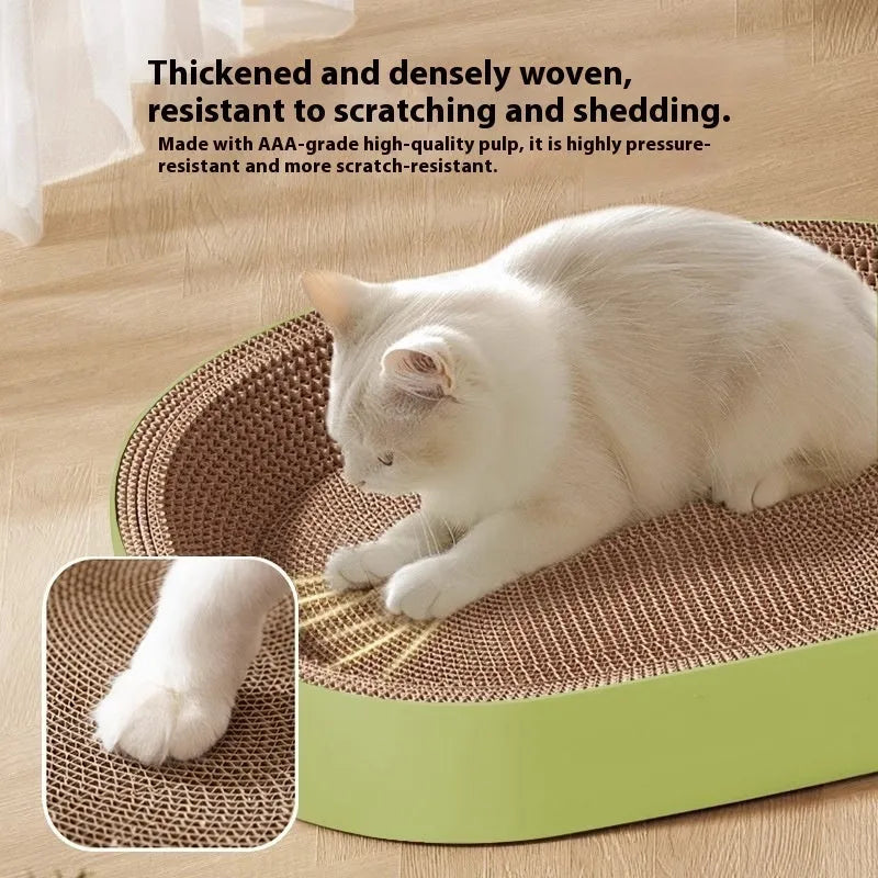 Green oval corrugated paper cat nest with scratch board surface measuring 55 cm diameter
