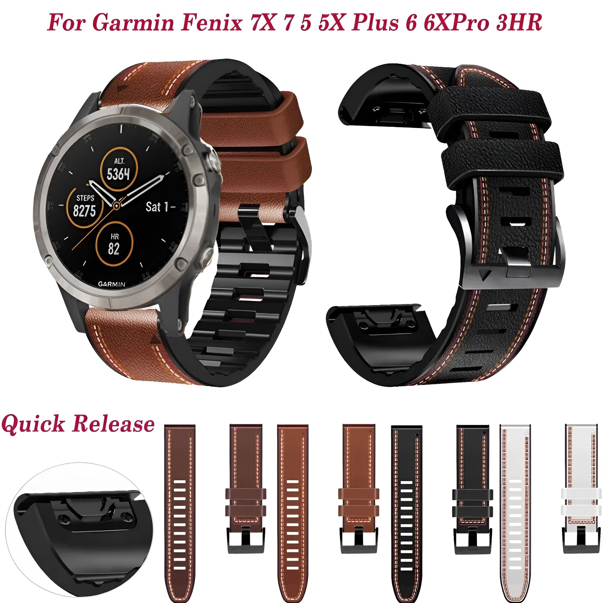 Silicone leather quick release replacement strap for Garmin Fenix smartwatch in black