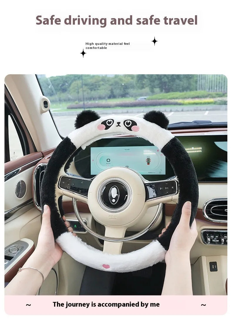 Plush cartoon thermal steering wheel cover for 38cm diameter wheels with embroidered animal design