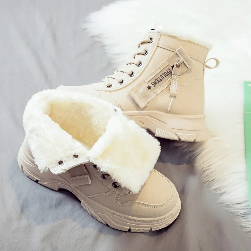 Women's plus size tall snow boots with lace-up front and fleece lining in khaki colour