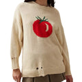 Women's loose-fitting jacquard knit acrylic sweater in milky white beige colour with round neck