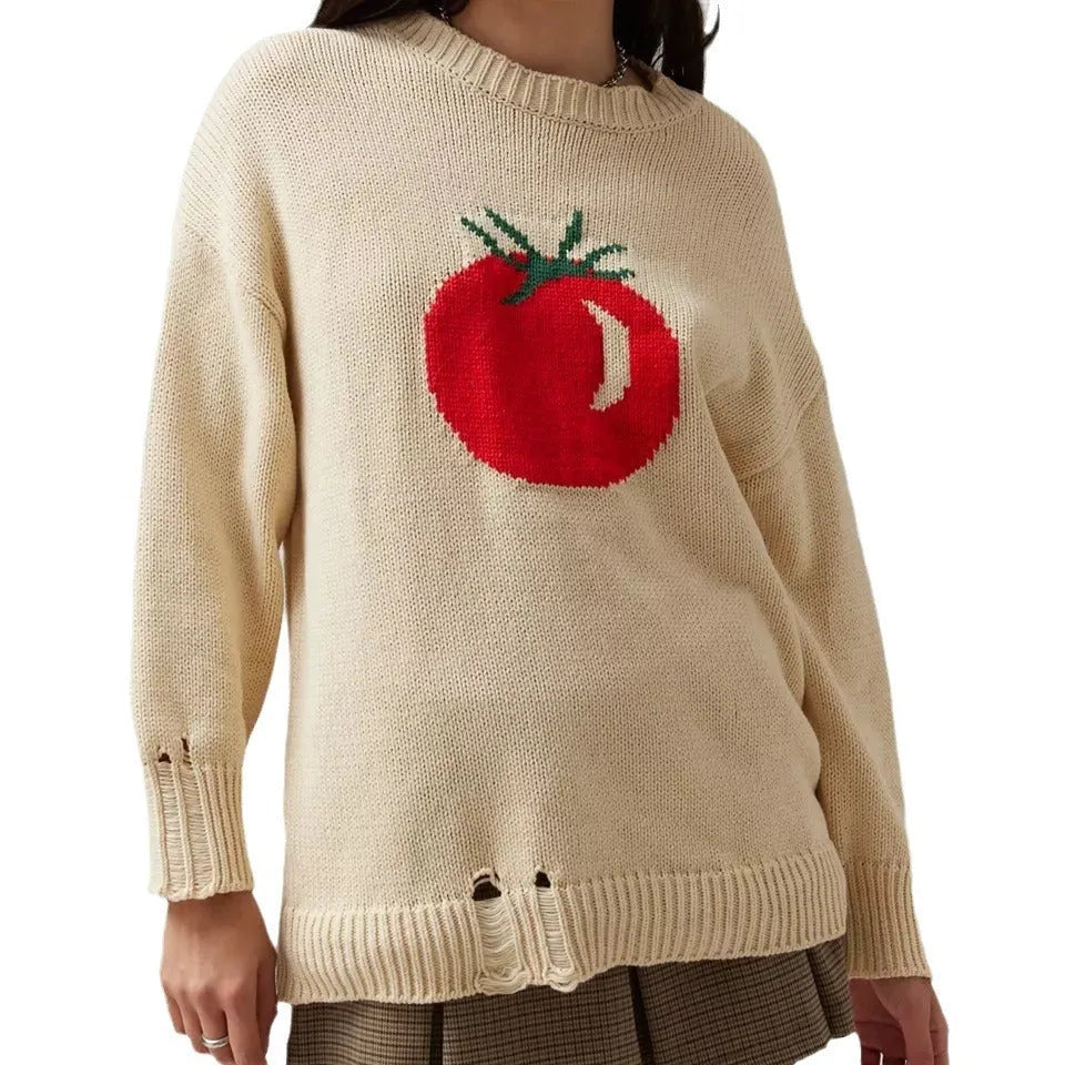 Women's loose-fitting jacquard knit acrylic sweater in milky white beige colour with round neck