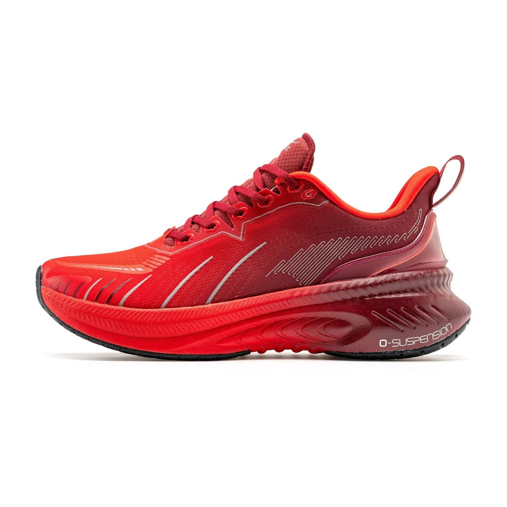 Red Rabbit colour low-top running shoes with stripe pattern, PU mesh upper, and rubber sole.