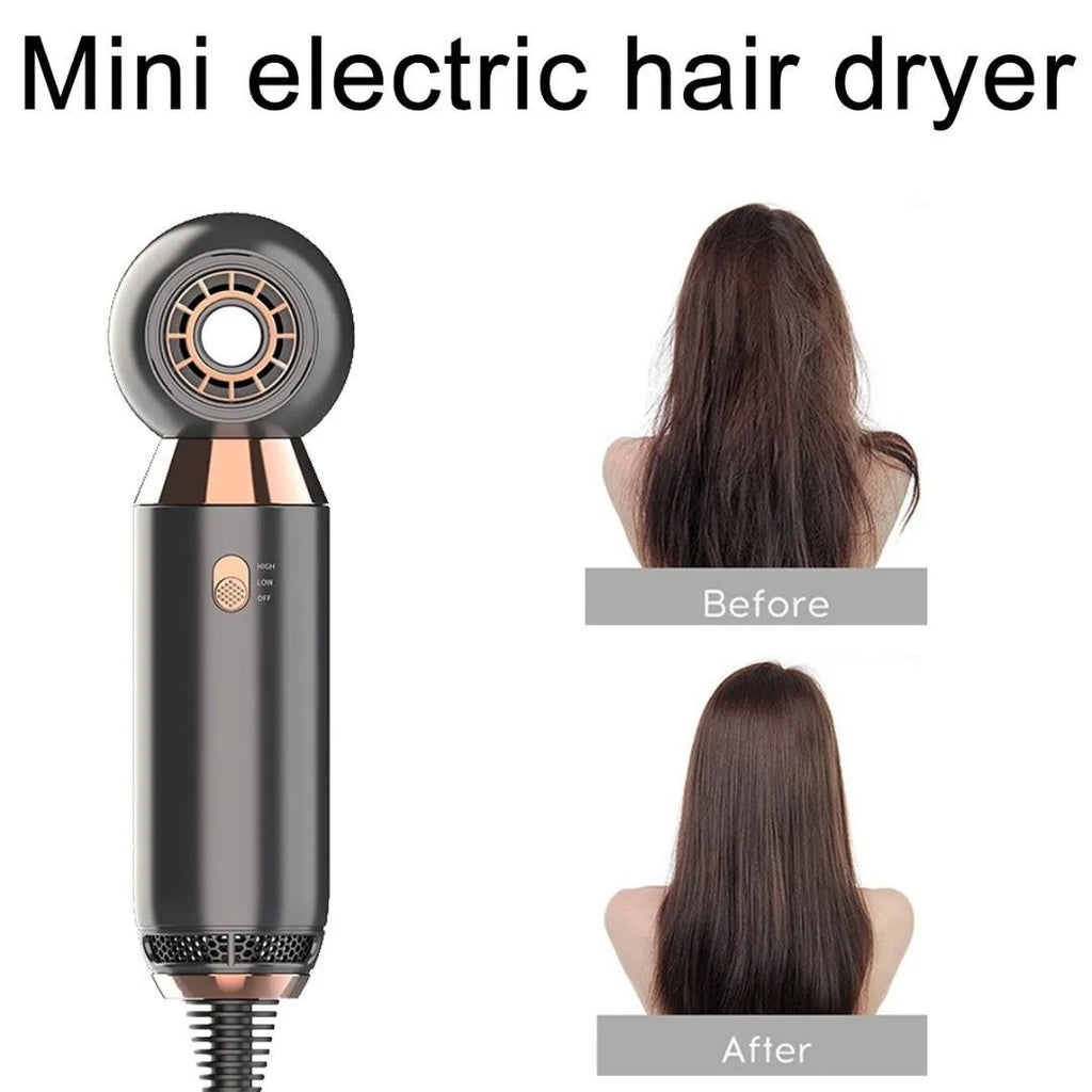 Compact leafless hair dryer with diffuser accessory, measuring 20cm long.