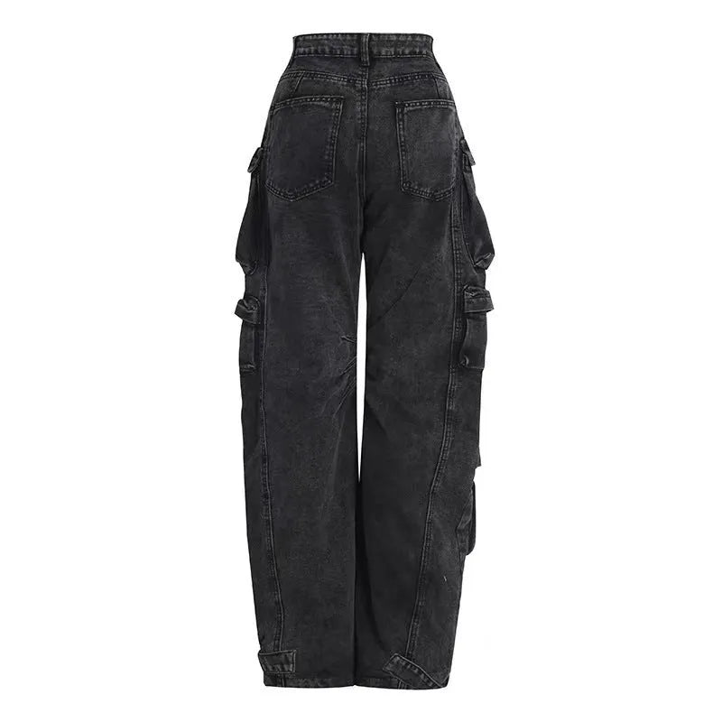 Women's blue high waist wide leg denim jeans with multiple pockets on a neutral background.