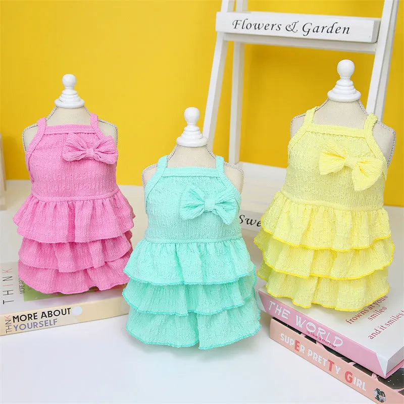 Small dog wearing polyester princess dress with layered skirt in rose red, yellow or water green colour