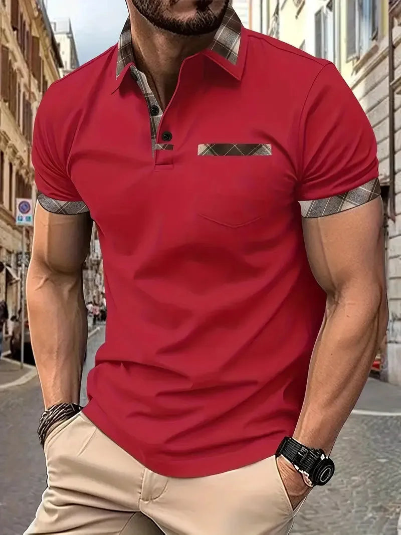 Men's plaid colourblock t-shirt in polyester fabric with short sleeves and loose fit