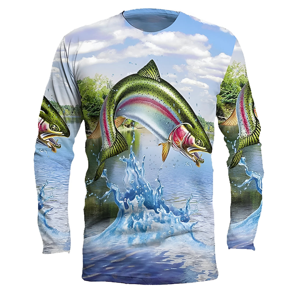 Men's grey pullover with a fish pattern print, round neck, and long sleeves.