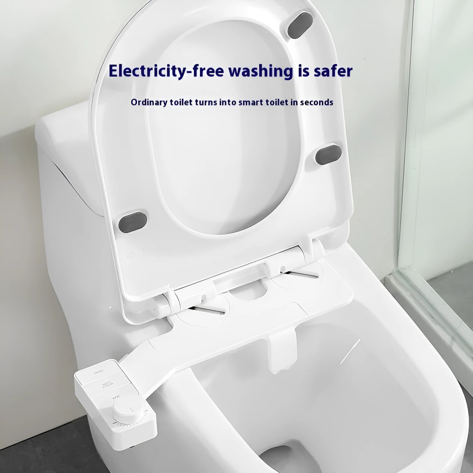 Button-operated manual drain cleaning tool with removable nozzle in pure white, compatible with international pipe standards