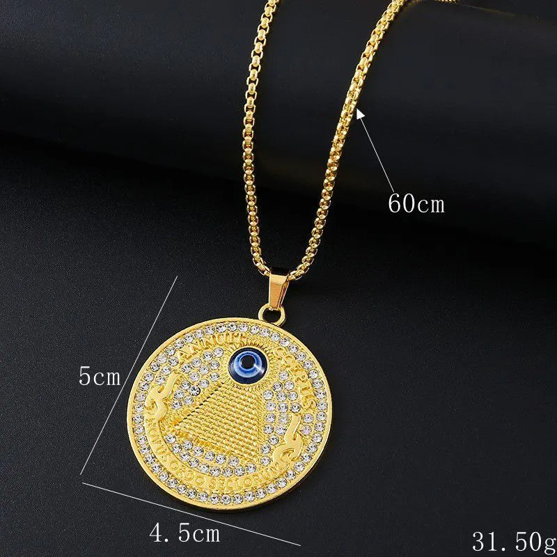 Gold geometric alloy women's necklace with inlaid zircon stones on a model.