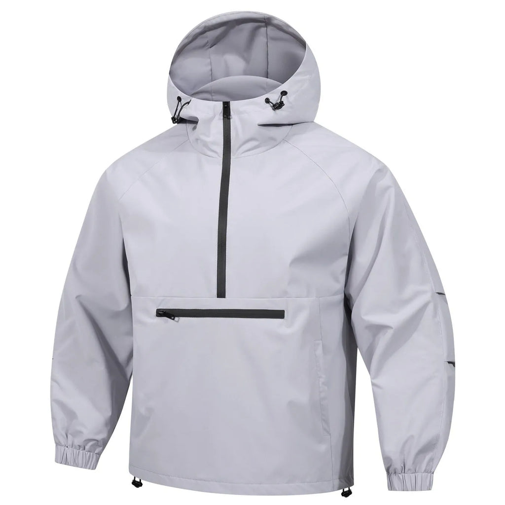 Men's Korean-style loose corduroy hooded jacket with half-zip closure in light gray colour