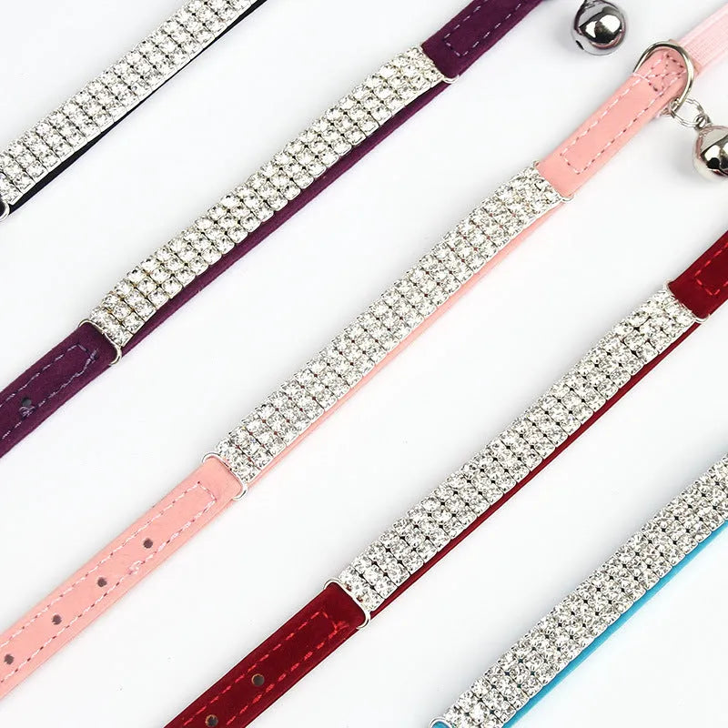 Velvet cat collar with rhinestone decoration in five colour options, adjustable 20-30 cm length
