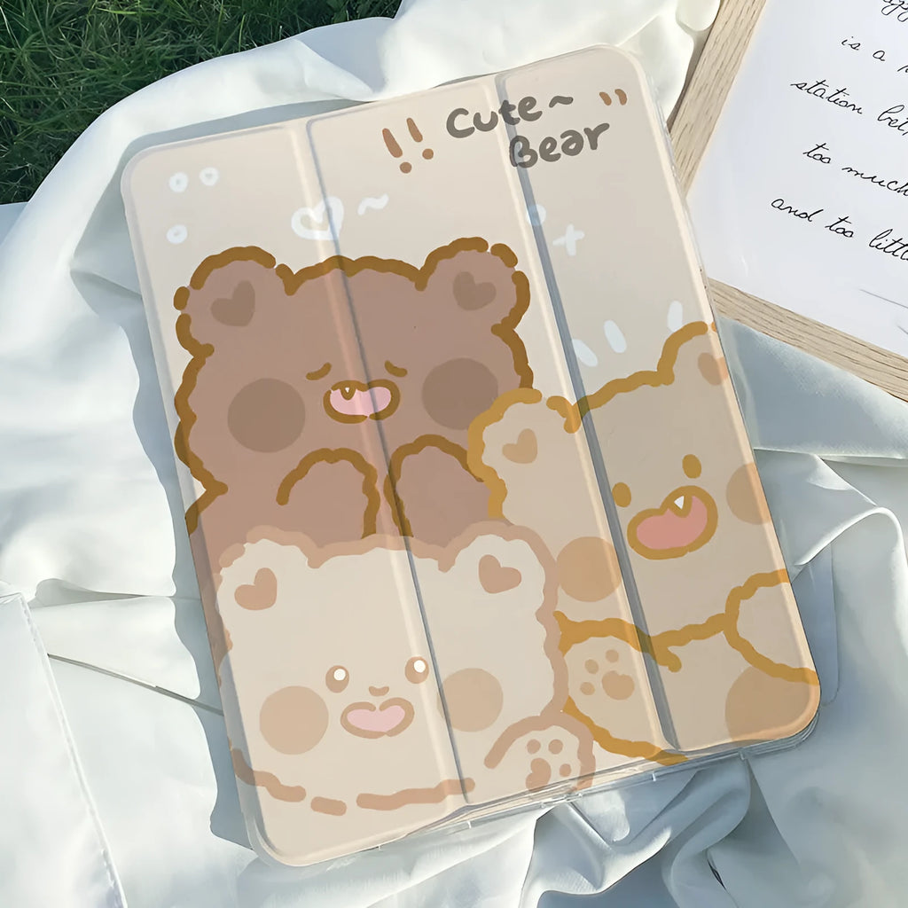 A flat, tri-fold silicone protective case for an iPad, shown in a cartoon rabbit pattern.
