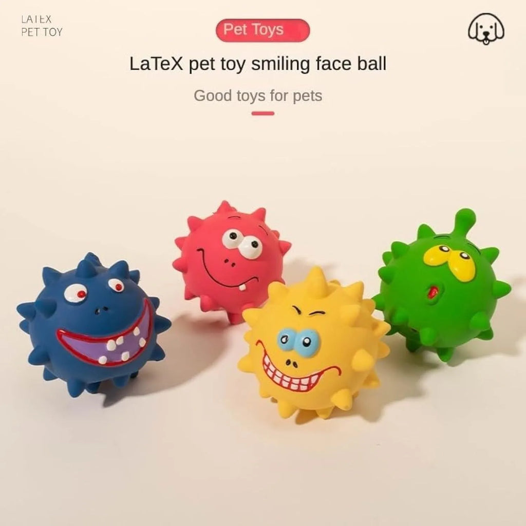 Four coloured natural latex squeaky dog balls with cute faces measuring 7.5cm