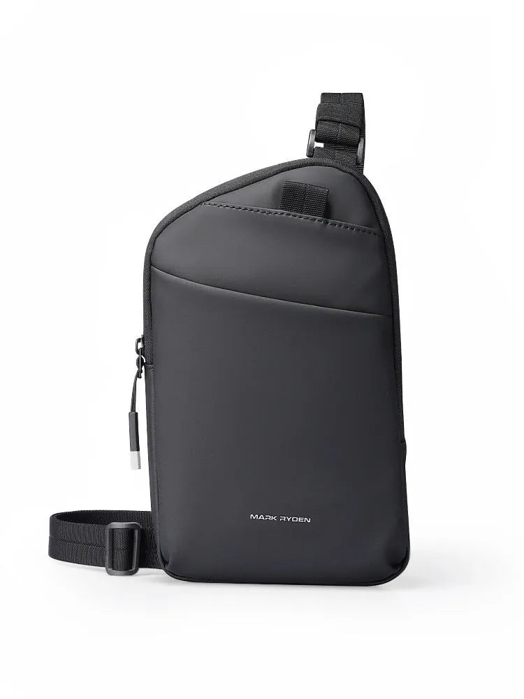 Men's black Oxford cloth crossbody bag showing reinforced stitching and simple design
