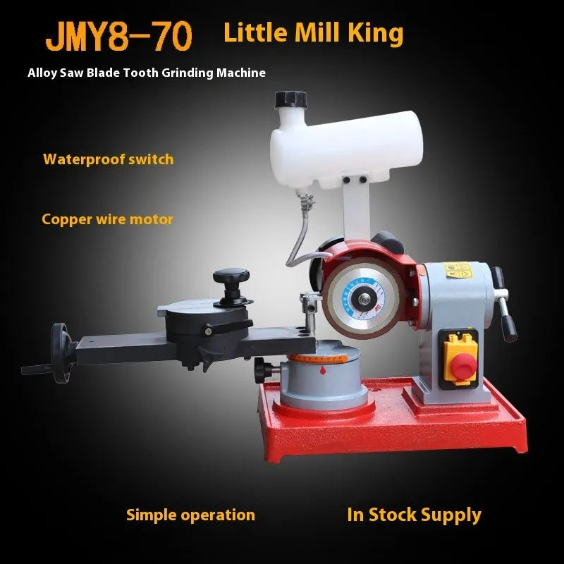 Xiao Mo Wang manual sharpedge grinding machine for alloy circular saw blades on a workshop bench.