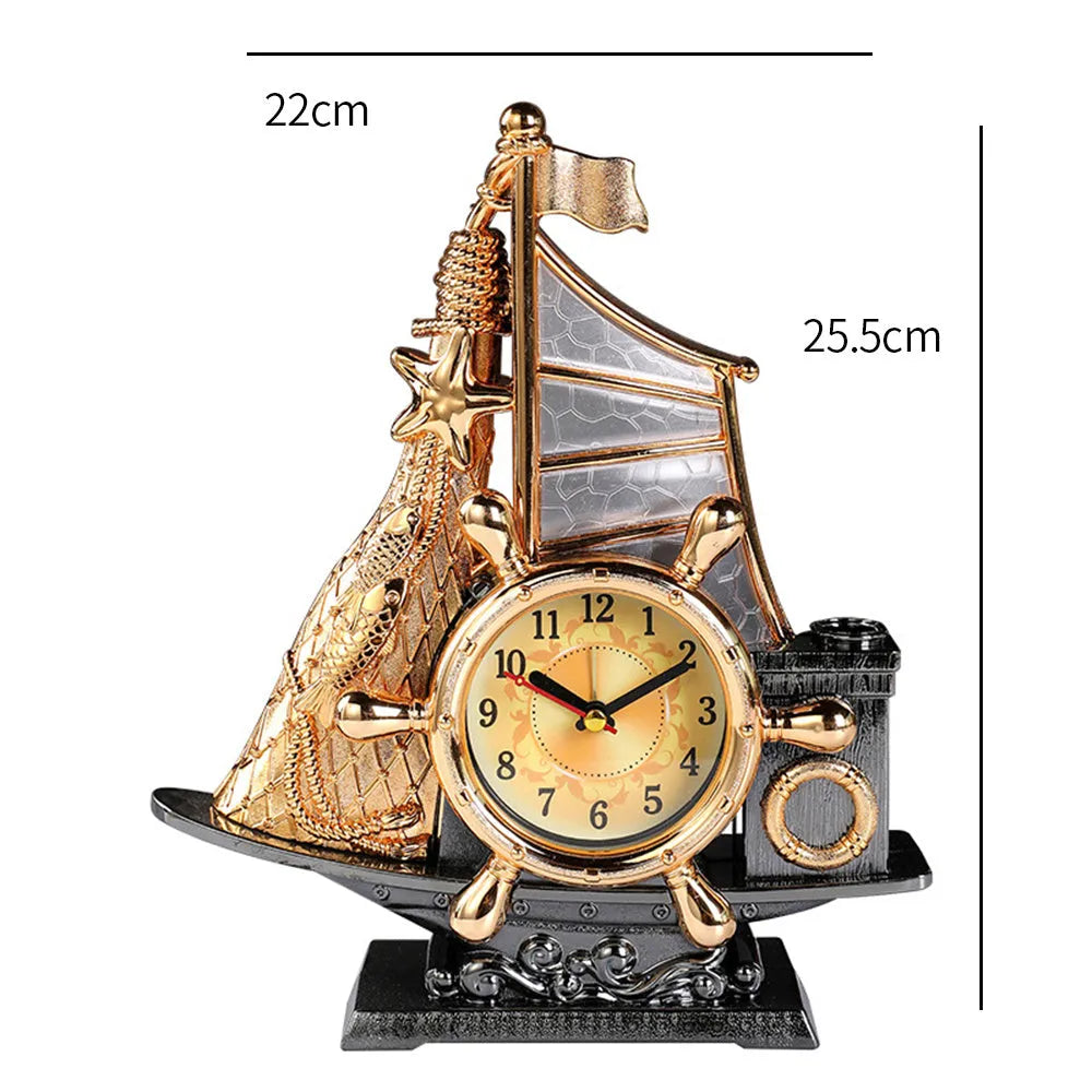 Gold or silver bedroom alarm clock with plastic construction on bedside table