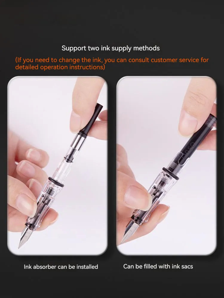 Student automatic suction pen set with plastic shell, choice of 0.38mm or 0.5mm nib, ink feeder, and storage handbag