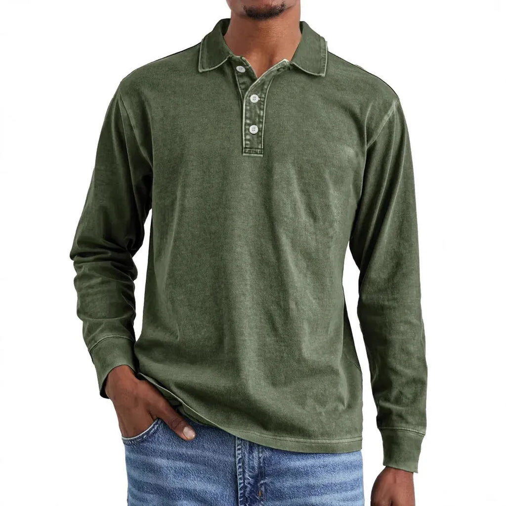 Retro washed distressed cotton long sleeve polo shirt with lapel collar in Army Green