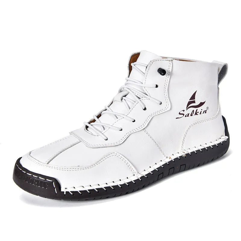 Retro style mid-calf casual boots with elastic band and round toe in beige colour.