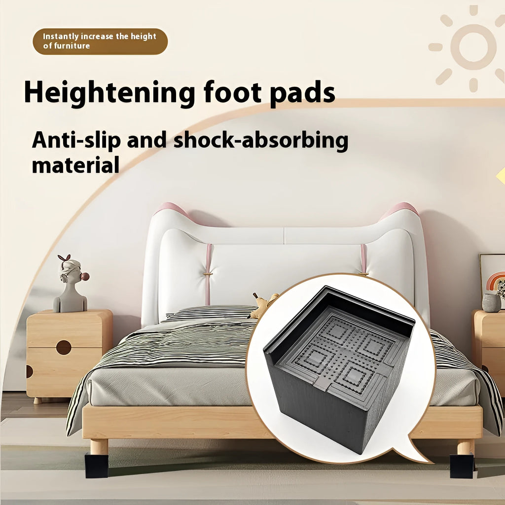 Black plastic bed foot mat set for furniture height increase in four piece pack