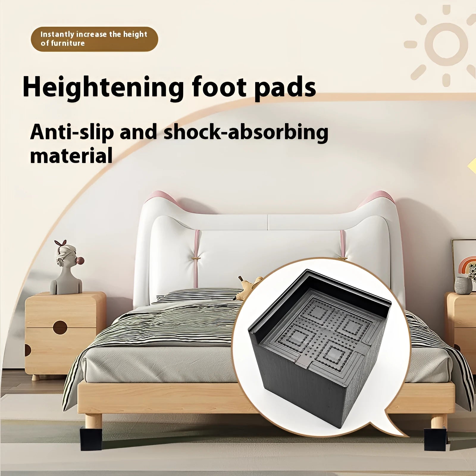 Black plastic bed foot mat set for furniture height increase in four piece pack