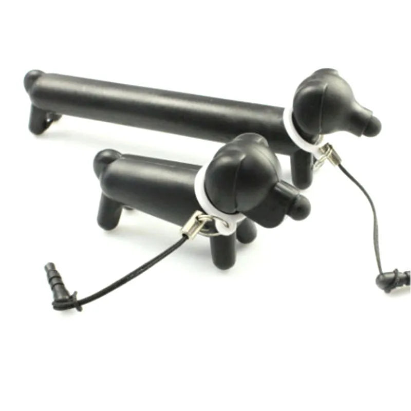 Black dog-shaped touch screen stylus showing split design for dual-length use and phone stand functionality