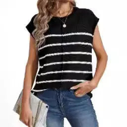 Women's striped sleeveless pullover casual top with bone stitching detail on a hanger