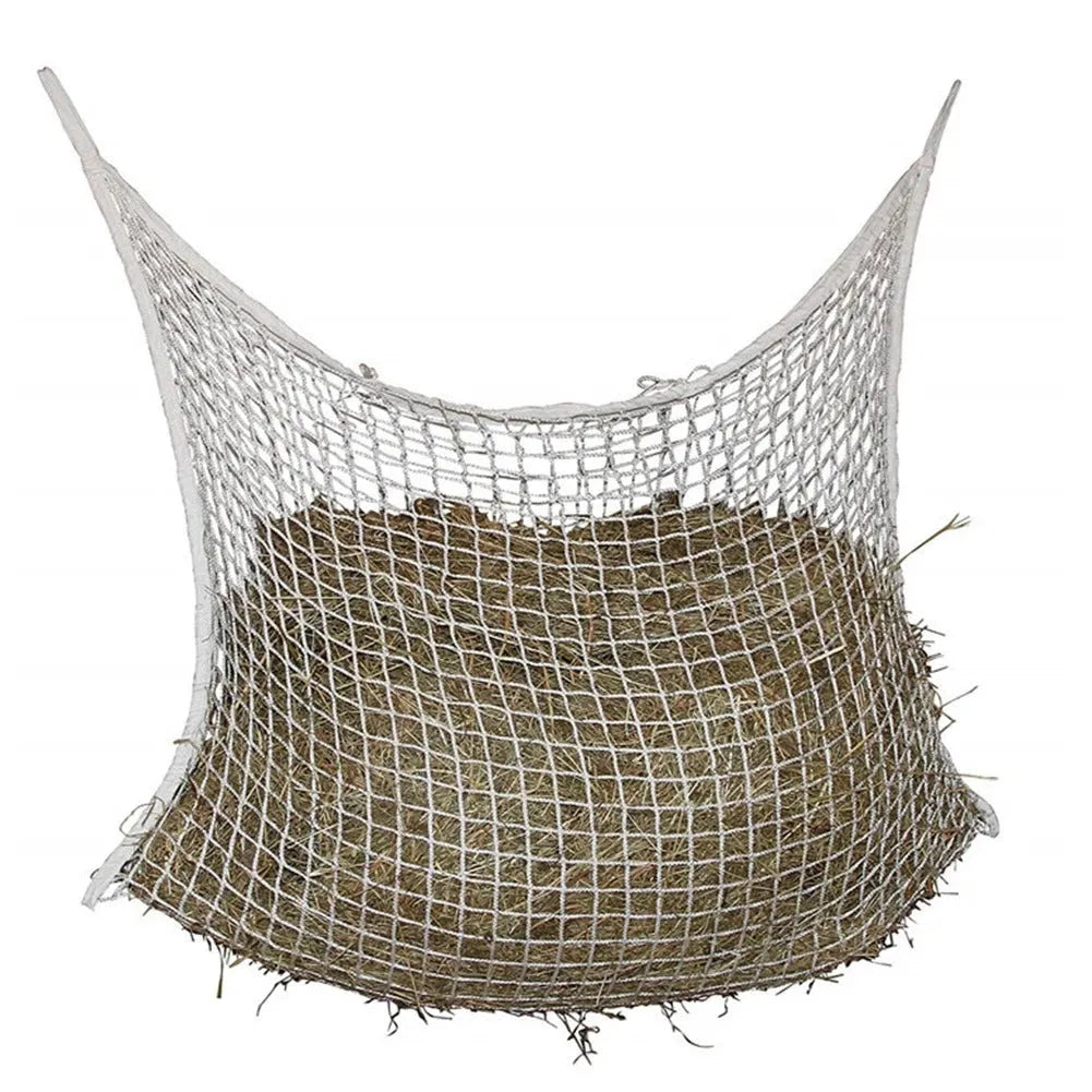 Woven grid horse feeding bag made from PE rope in black colour showing hanging design