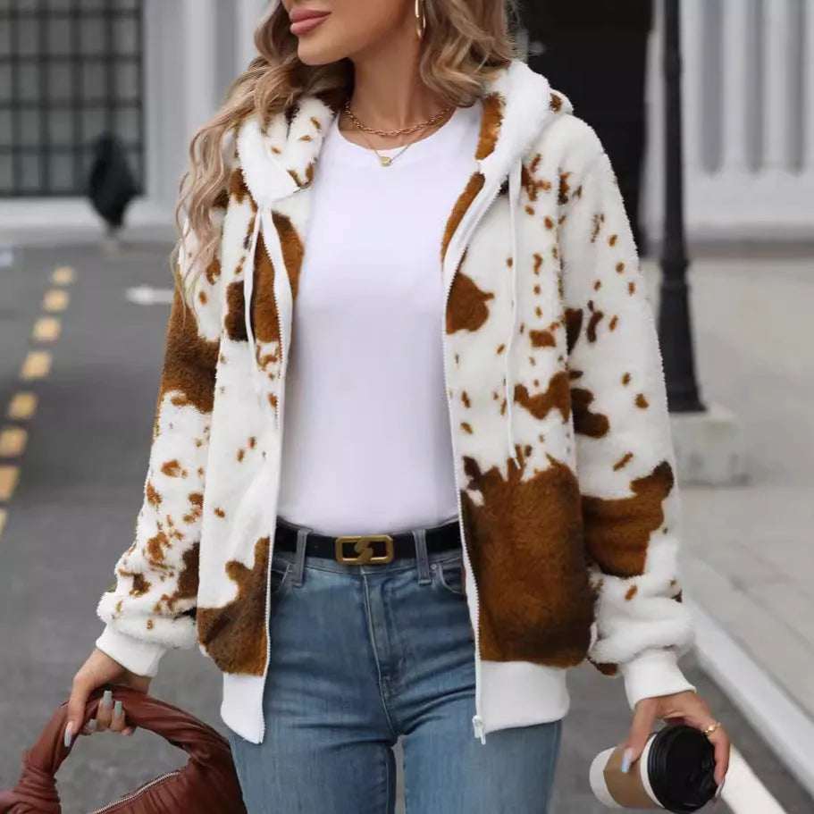 Yellow brown cow coloured hooded cardigan jacket with animal pattern print and front zipper