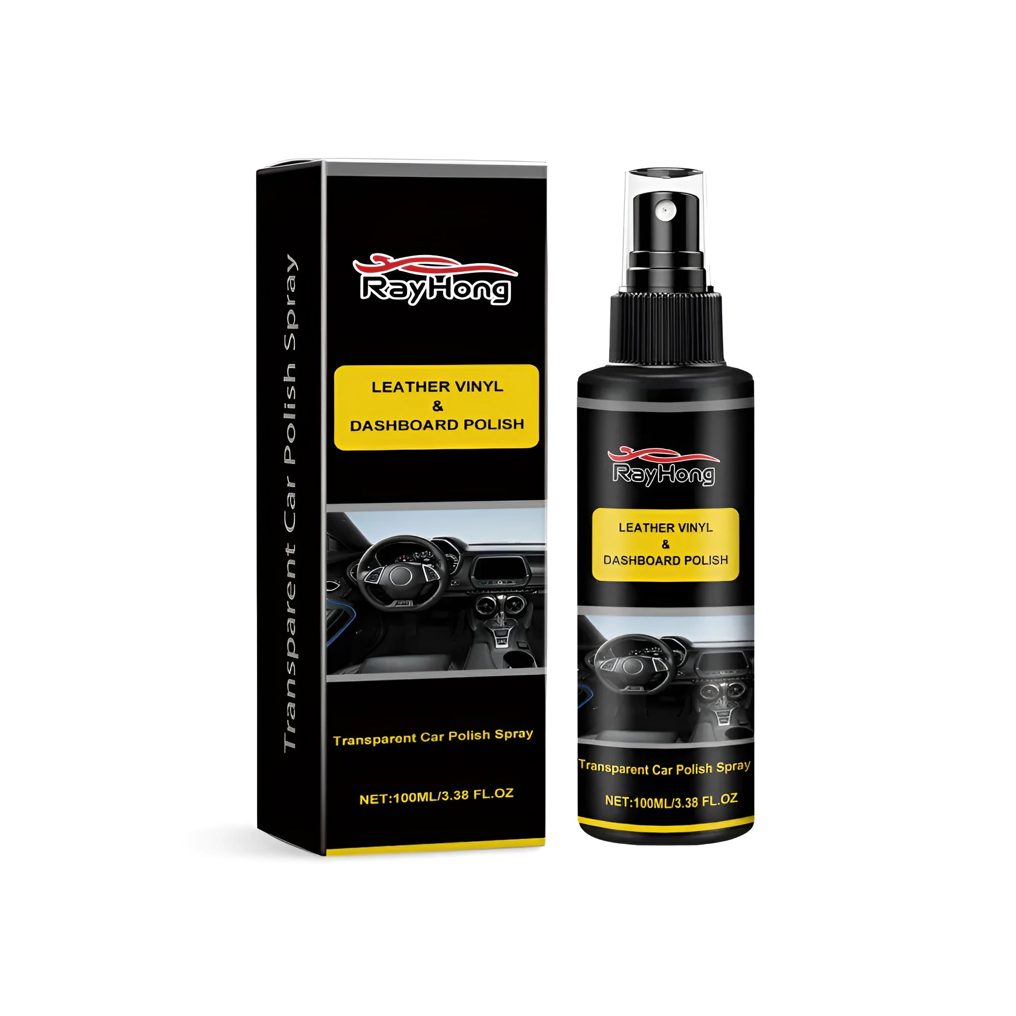 Bottle of car polishing spray with silicone formula next to its storage box.