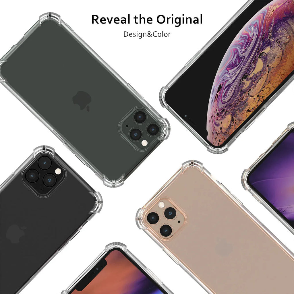 Clear transparent TPU shockproof iPhone case showing compatibility with multiple Apple phone models