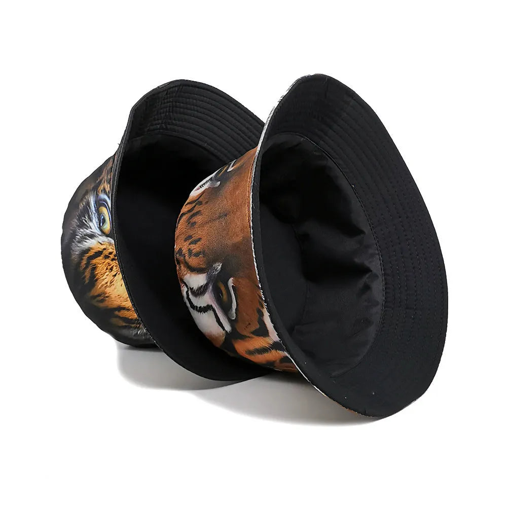 Tiger pattern polyester bucket hat with dome crown in khaki or black colour, size M fits 56-58cm