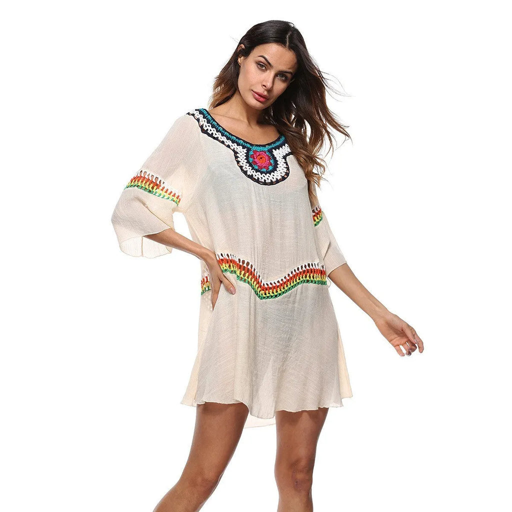 Crocheted ethnic style beach cover-up clothing for women in acrylic polyester fabric