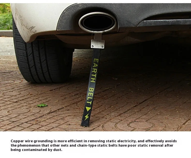 Black car electrostatic grounding belt with copper wire and rubber construction, 370mm long, shown detached.