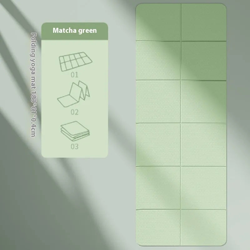 Folding purple TPE gymnastic mat, shown unfolded and folded into six sections